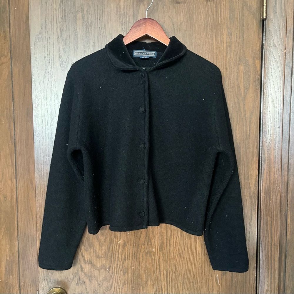 Vintage Herman Geist Black wool blend cardigan jacket with a velvet collar